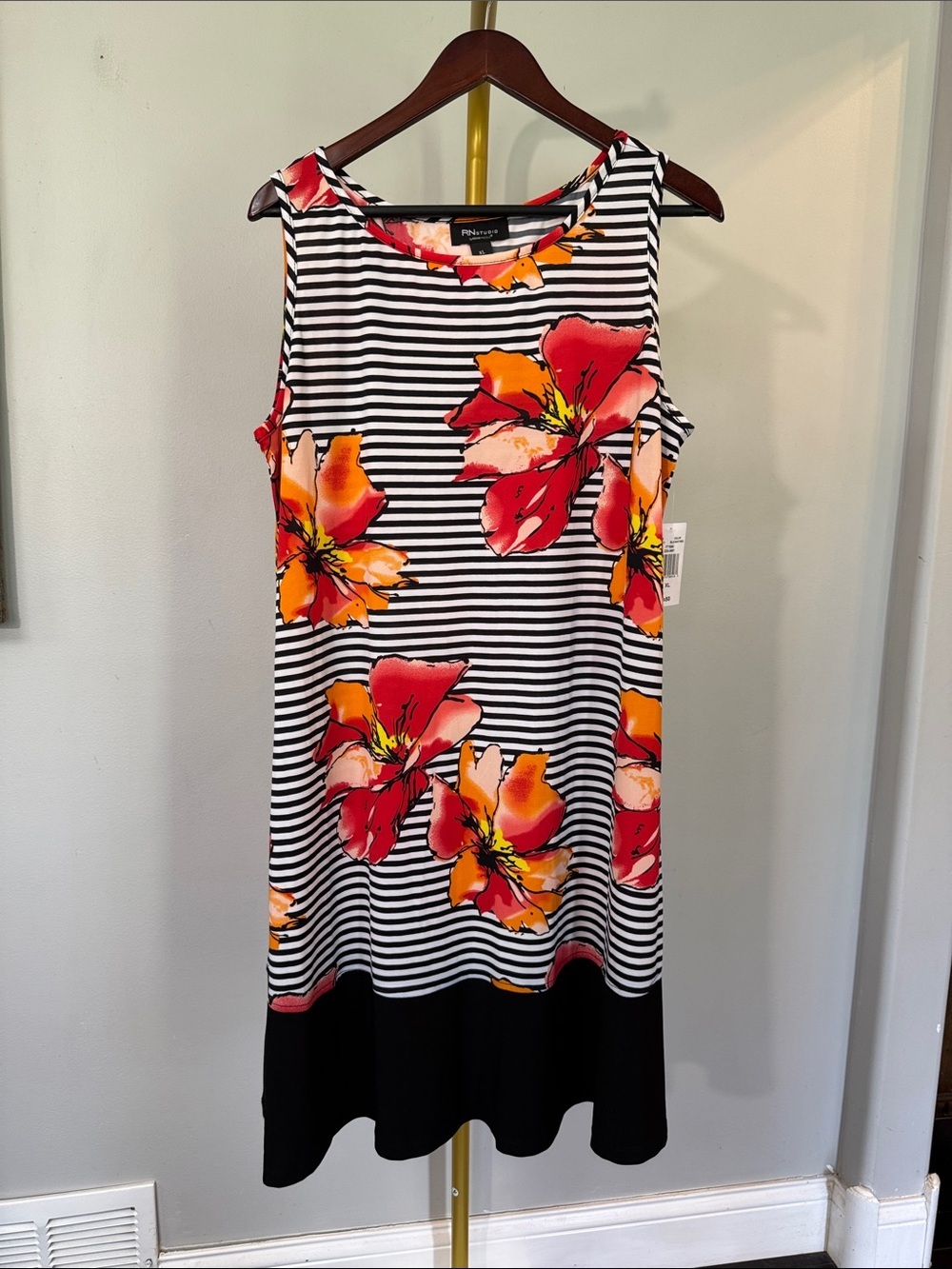 Ronni Nicole Black & White Striped Midi Dress with Red Orange Floral Print NWT